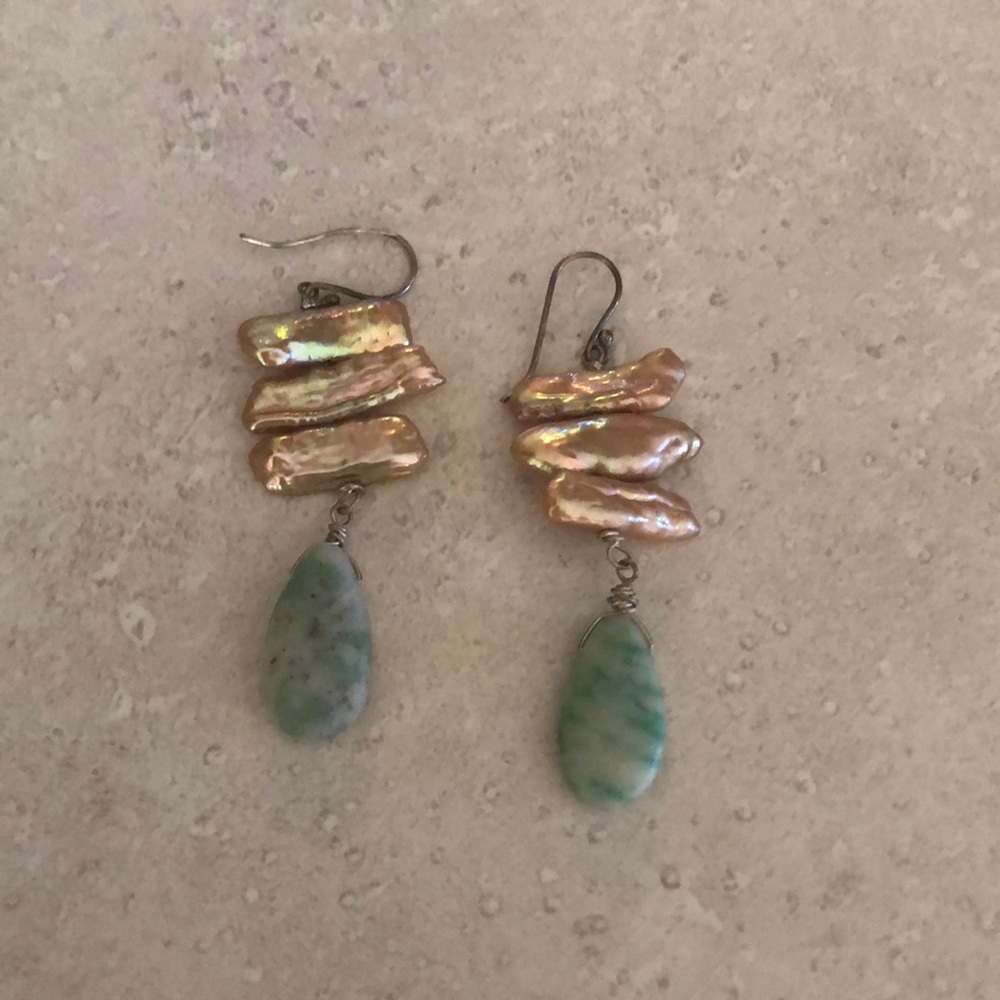 🐚 NW Pearl fresh water with turquoise Earrings